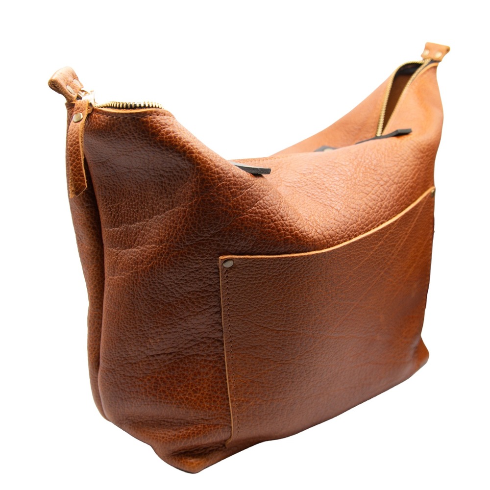 Portland Leather Tote Bag Cognac Brown Pebbled Zipper Top Shoulder Bag Large - Picture 7 of 11